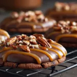 Homemade turtle cookies topped with caramel, melted chocolate, and chopped pecans on a baking rack