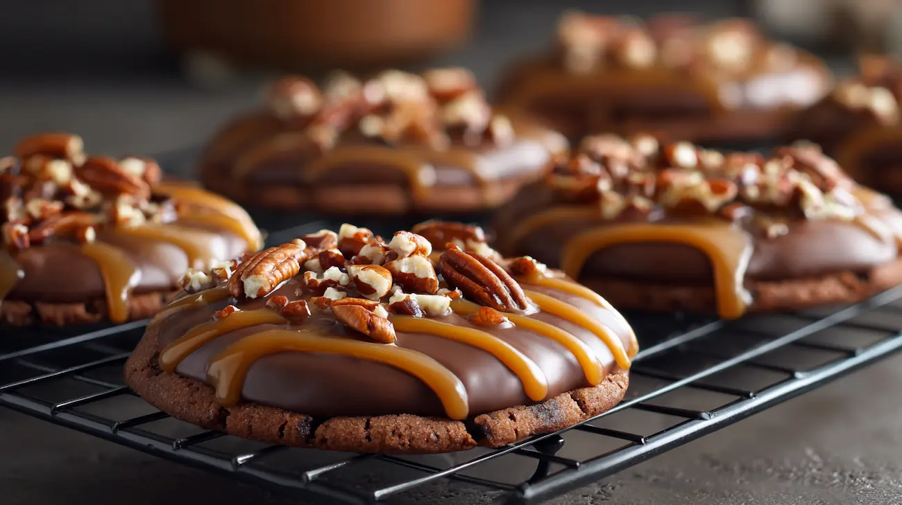 Homemade turtle cookies topped with caramel, melted chocolate, and chopped pecans on a baking rack
