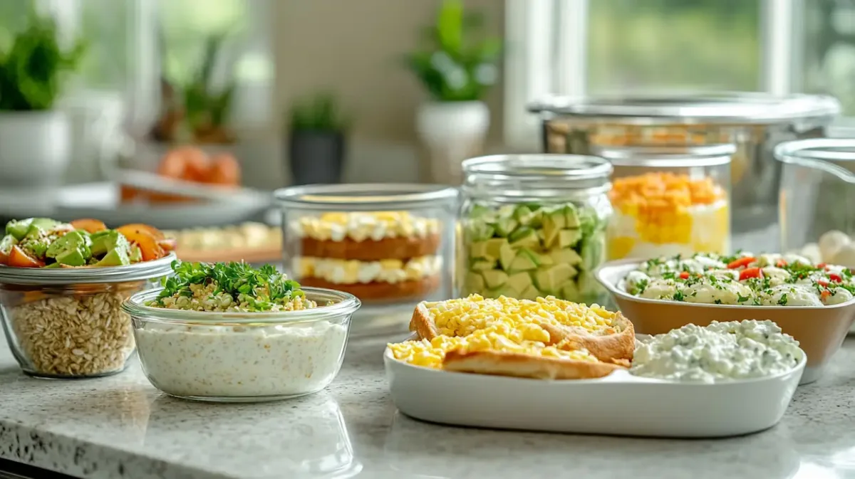 High-protein breakfast meal prep spread on a bright kitchen counter featuring egg muffins, Greek yogurt parfait jars with berries, breakfast burritos, avocado egg toast, cottage cheese bowls, and overnight oats in glass containers.