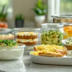 High-protein breakfast meal prep spread on a bright kitchen counter featuring egg muffins, Greek yogurt parfait jars with berries, breakfast burritos, avocado egg toast, cottage cheese bowls, and overnight oats in glass containers.