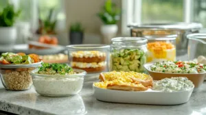 High-protein breakfast meal prep spread on a bright kitchen counter featuring egg muffins, Greek yogurt parfait jars with berries, breakfast burritos, avocado egg toast, cottage cheese bowls, and overnight oats in glass containers.