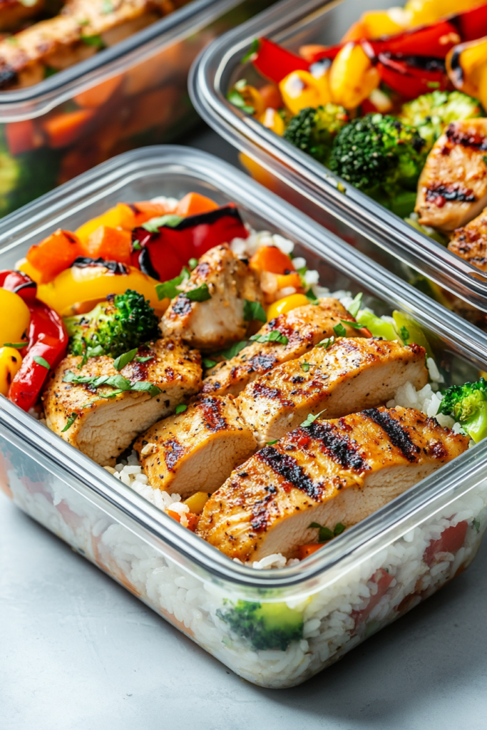 Meal prep containers with chicken rice and vegetables for a cheap weekly meal plan