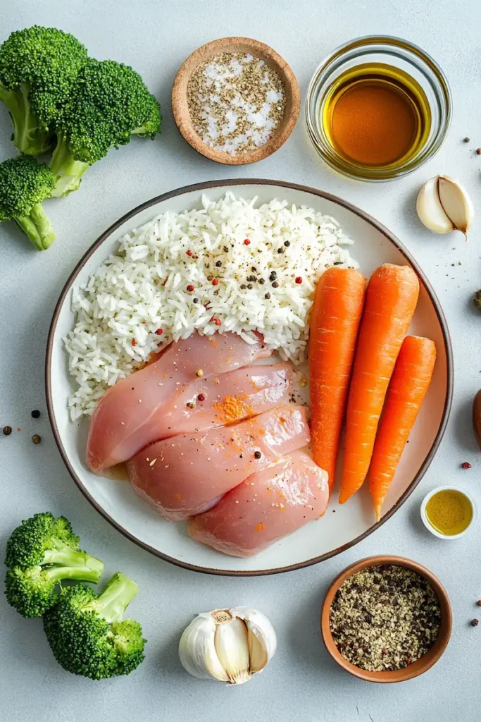 Raw ingredients for a budget meal plan including chicken, rice, broccoli, carrots, and spices