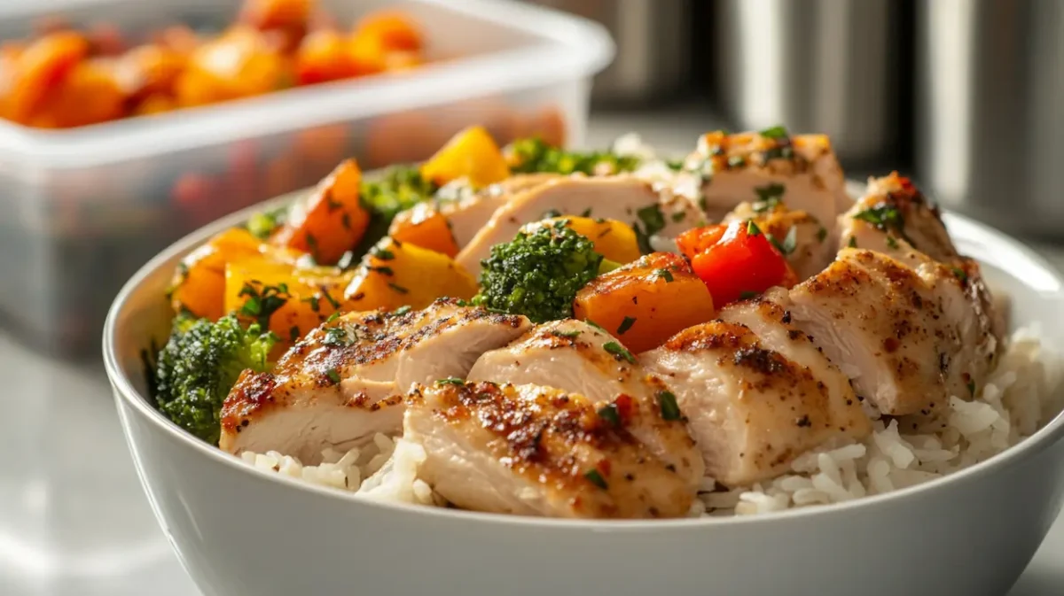 Chicken rice meal prep bowls with vegetables arranged neatly for a budget meal plan
