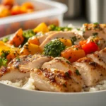 Chicken rice meal prep bowls with vegetables arranged neatly for a budget meal plan