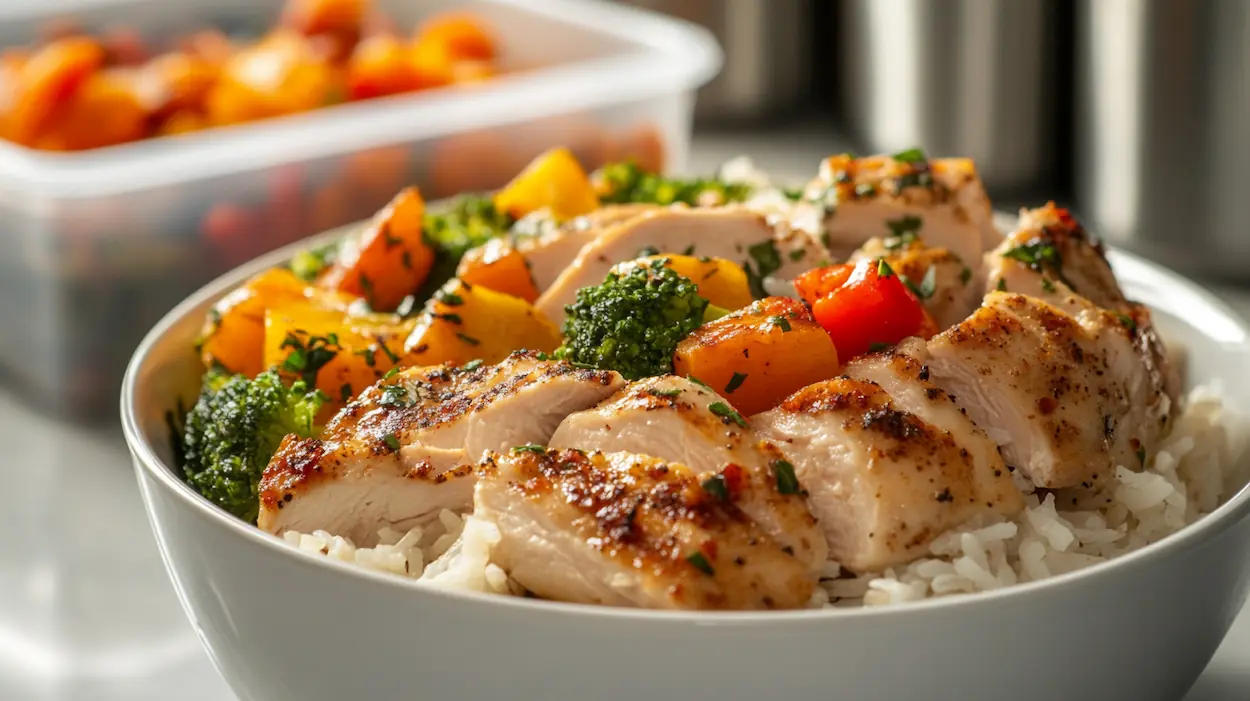 Chicken rice meal prep bowls with vegetables arranged neatly for a budget meal plan