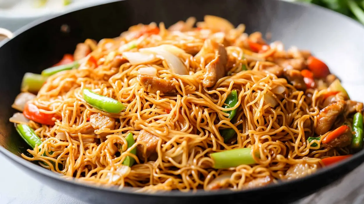 Easy chicken chow mein recipe with noodles, chicken breast, vegetables, and savory sauce in a wok