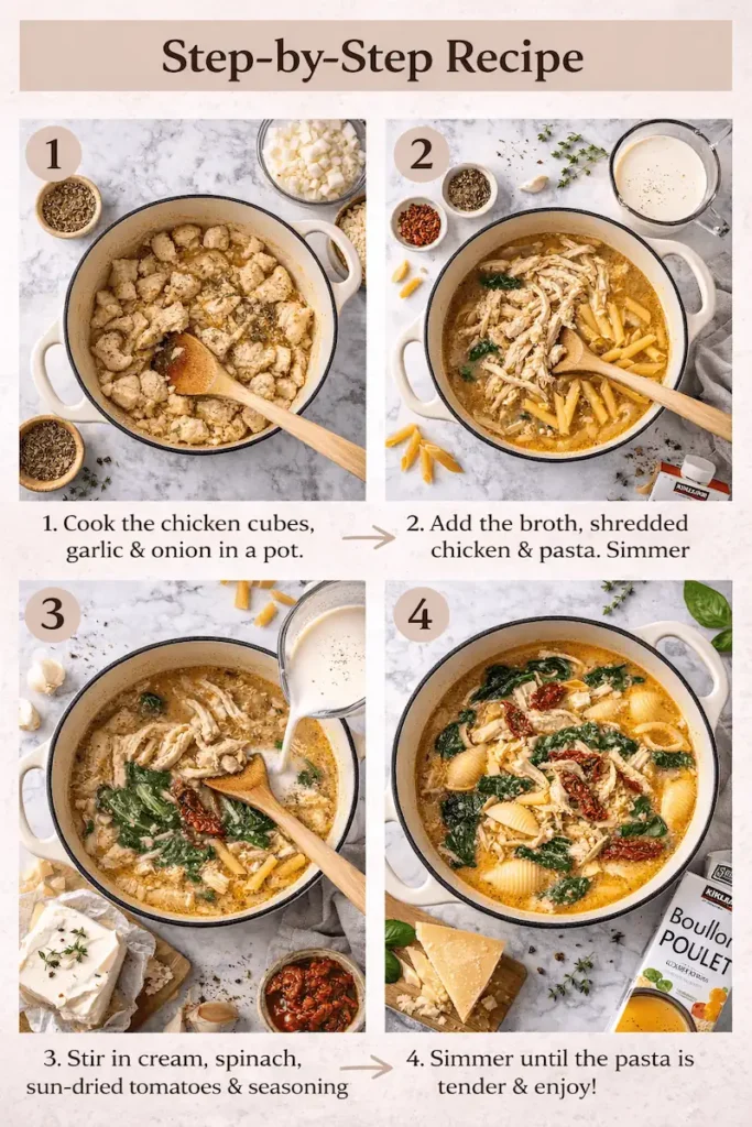 Marry Me Chicken Soup: Easy Creamy Comfort Recipe 3 Step-by-step creamy chicken pasta soup with shredded chicken, shell pasta, spinach and sun-dried tomatoes in a rich broth