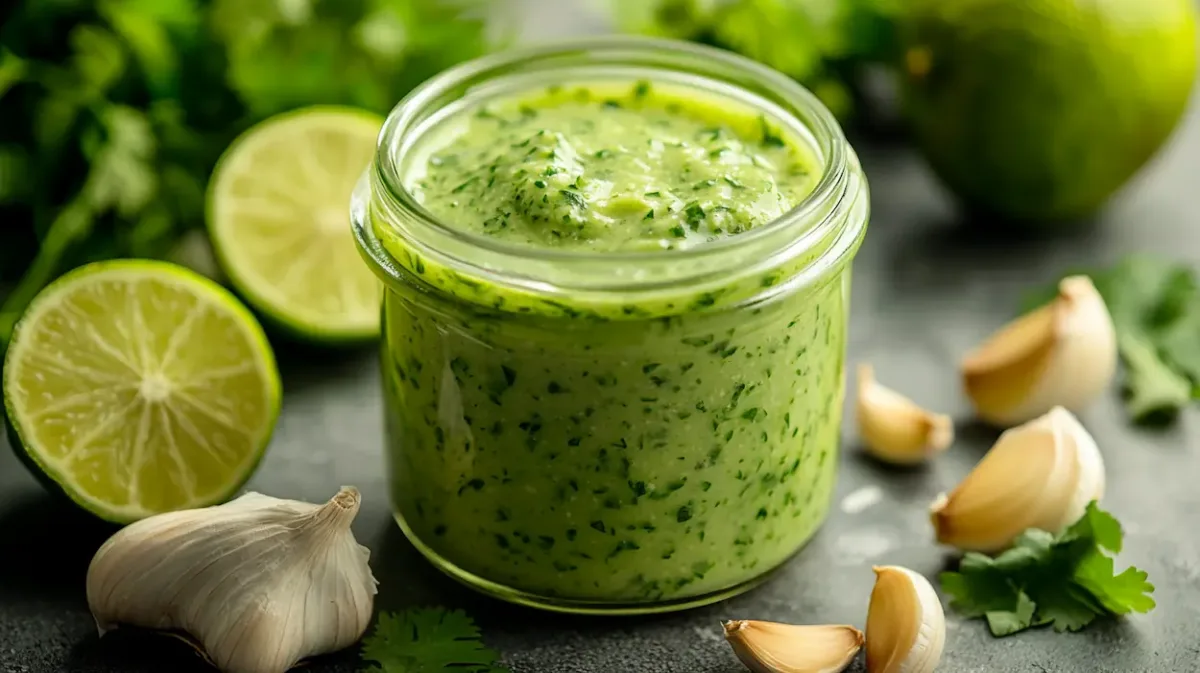 Creamy garlic lime cilantro sauce in a glass jar with fresh lime halves and cilantro leaves on a bright kitchen surface.