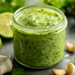 Creamy garlic lime cilantro sauce in a glass jar with fresh lime halves and cilantro leaves on a bright kitchen surface.