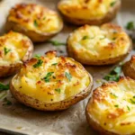 Crispy golden air fryer smashed potatoes with garlic and herbs served on a baking tray.