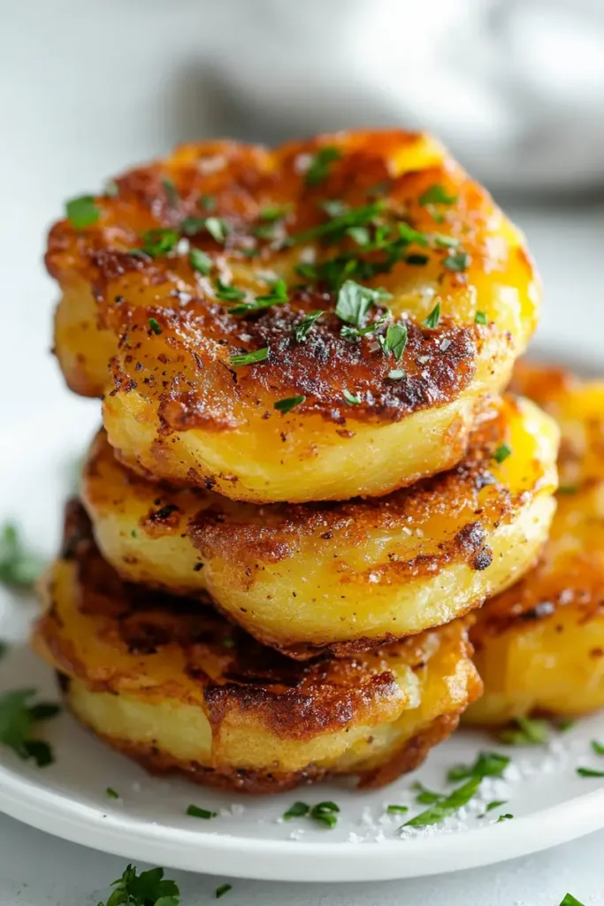 Crispy golden air fryer smashed potatoes topped with garlic and herbs on a white plate.