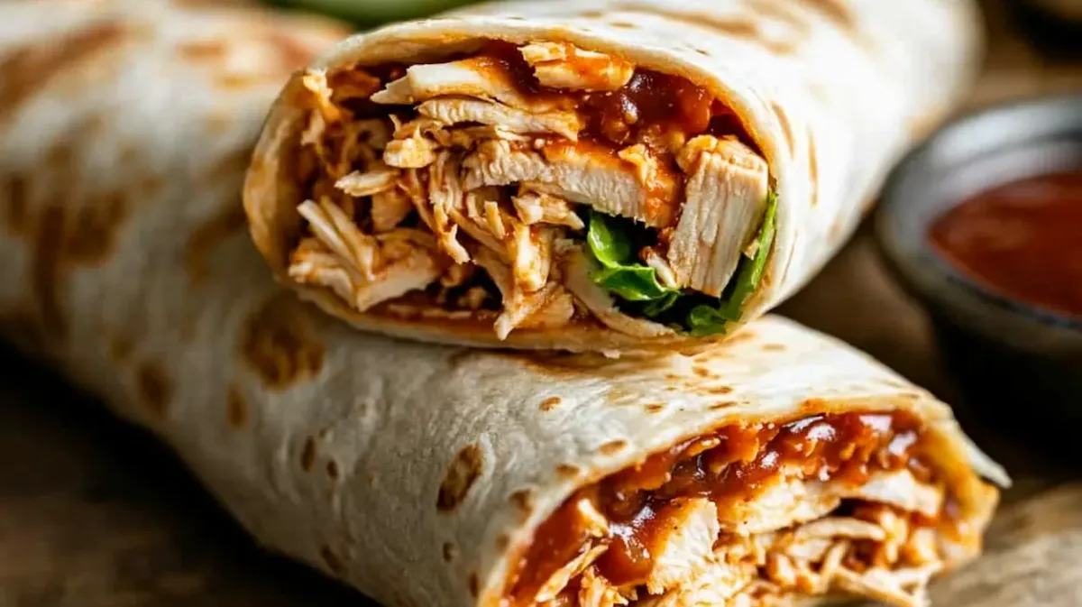 Crispy BBQ Chicken Wraps (Easy High-Protein Lunch Recipe) 1 Crispy BBQ chicken wraps filled with shredded barbecue chicken, crunchy coleslaw, lettuce and ranch sauce inside toasted tortillas.