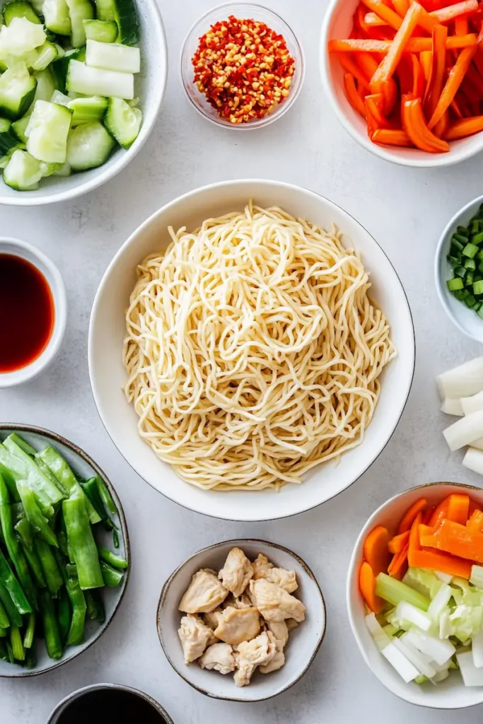 Ingredients for chicken chow mein including egg noodles, chicken breast, cabbage, carrots, bell peppers, garlic, and soy sauce