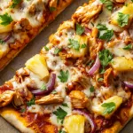 BBQ Hawaiian flatbread pizza with BBQ chicken, pineapple chunks, red onion, and melted mozzarella on crispy golden flatbread