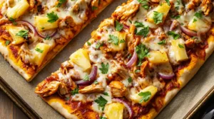 BBQ Hawaiian flatbread pizza with BBQ chicken, pineapple chunks, red onion, and melted mozzarella on crispy golden flatbread