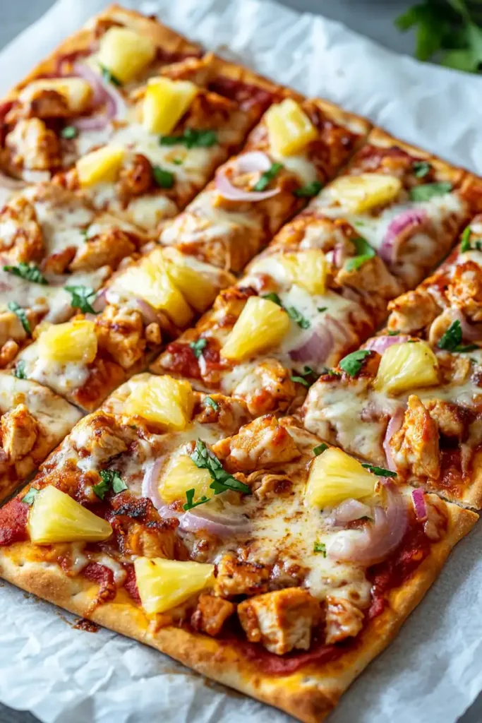 BBQ Hawaiian flatbread pizza with chicken, pineapple, red onion, and melted mozzarella on crispy flatbread