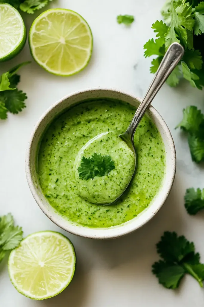 Creamy garlic lime cilantro sauce in a small bowl with lime slices and fresh cilantro on a bright kitchen surface.