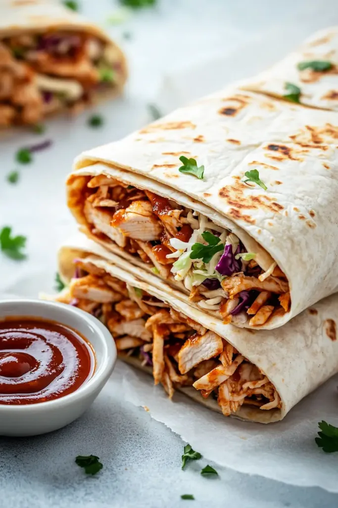 Crispy BBQ Chicken Wraps (Easy High-Protein Lunch Recipe) 2 Stacked crispy BBQ chicken wraps sliced open showing shredded barbecue chicken and crunchy slaw inside tortillas.