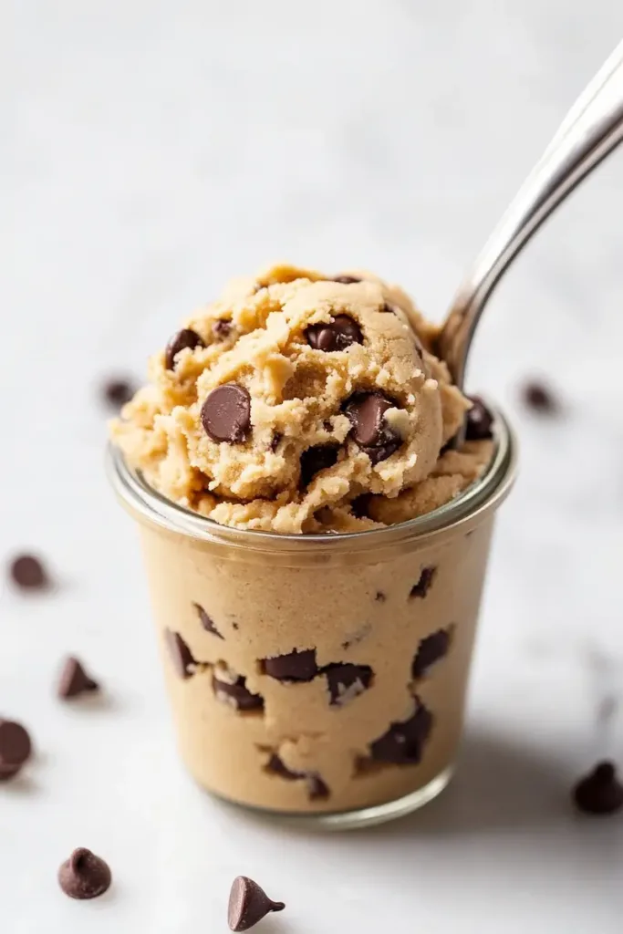 Jar of edible cookie dough for one topped with chocolate chips and served with a spoon.