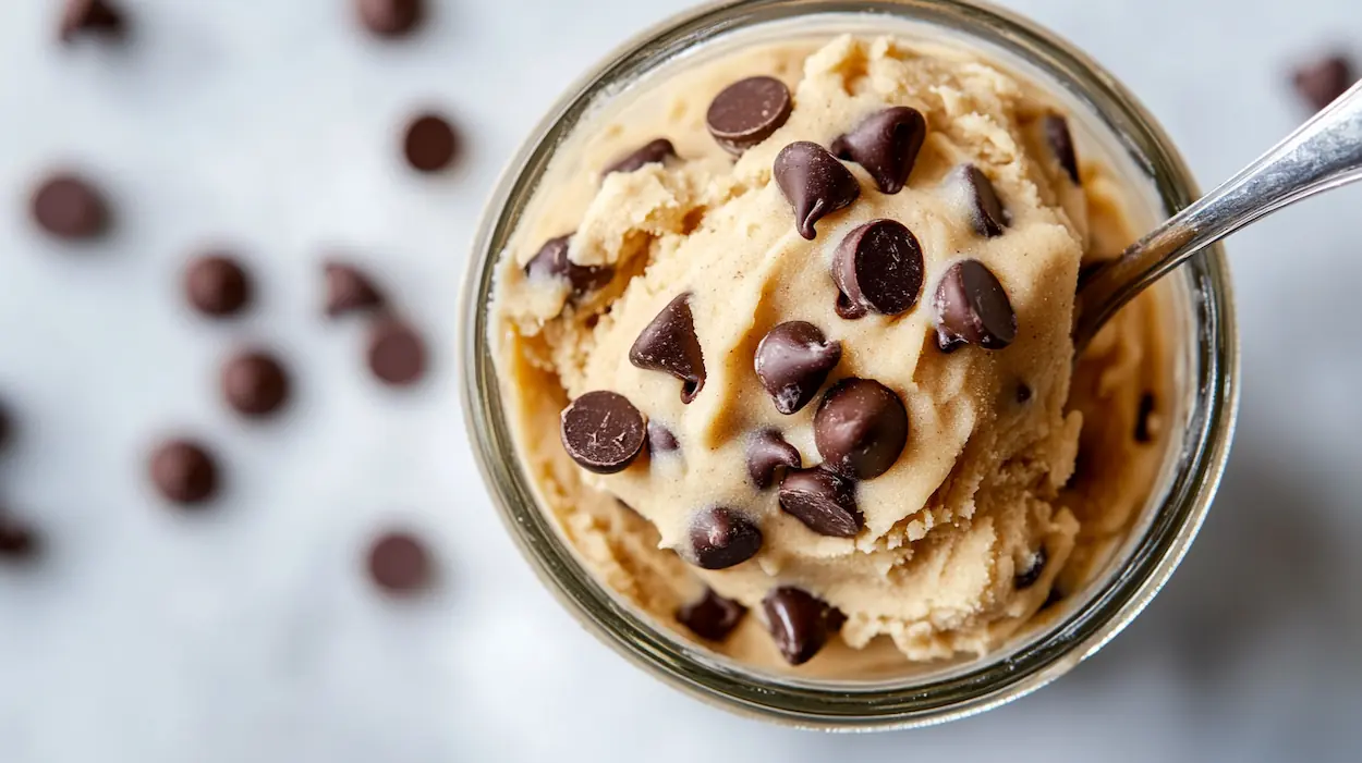 Jar of edible cookie dough for one topped with chocolate chips and a spoon, creamy no-bake dessert made from a simple edible cookie dough recipe.