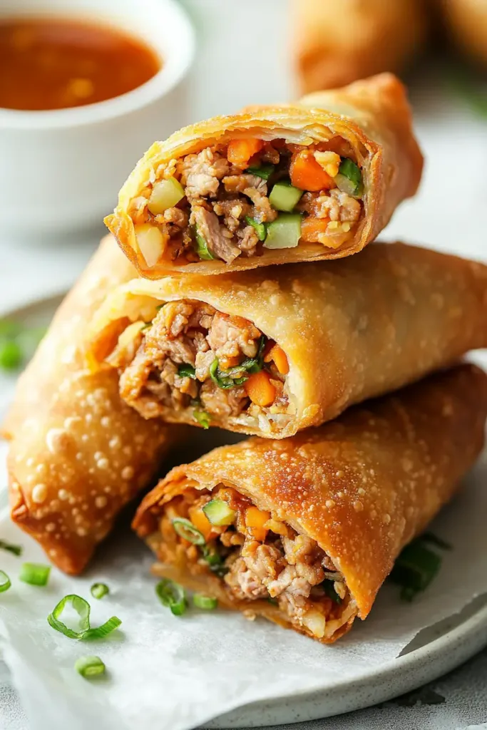 Golden brown crispy homemade egg rolls filled with seasoned pork and vegetables on a white plate.