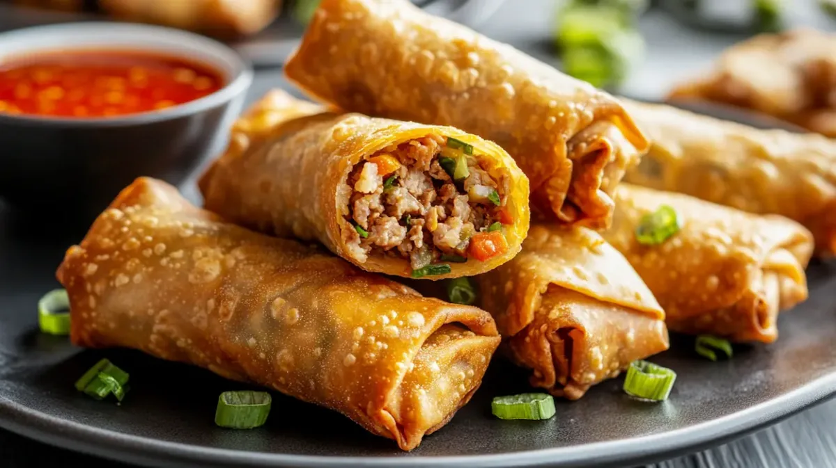 Golden brown crispy homemade egg rolls filled with seasoned pork and vegetables, stacked on a plate with crunchy texture.
