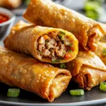 Golden brown crispy homemade egg rolls filled with seasoned pork and vegetables, stacked on a plate with crunchy texture.