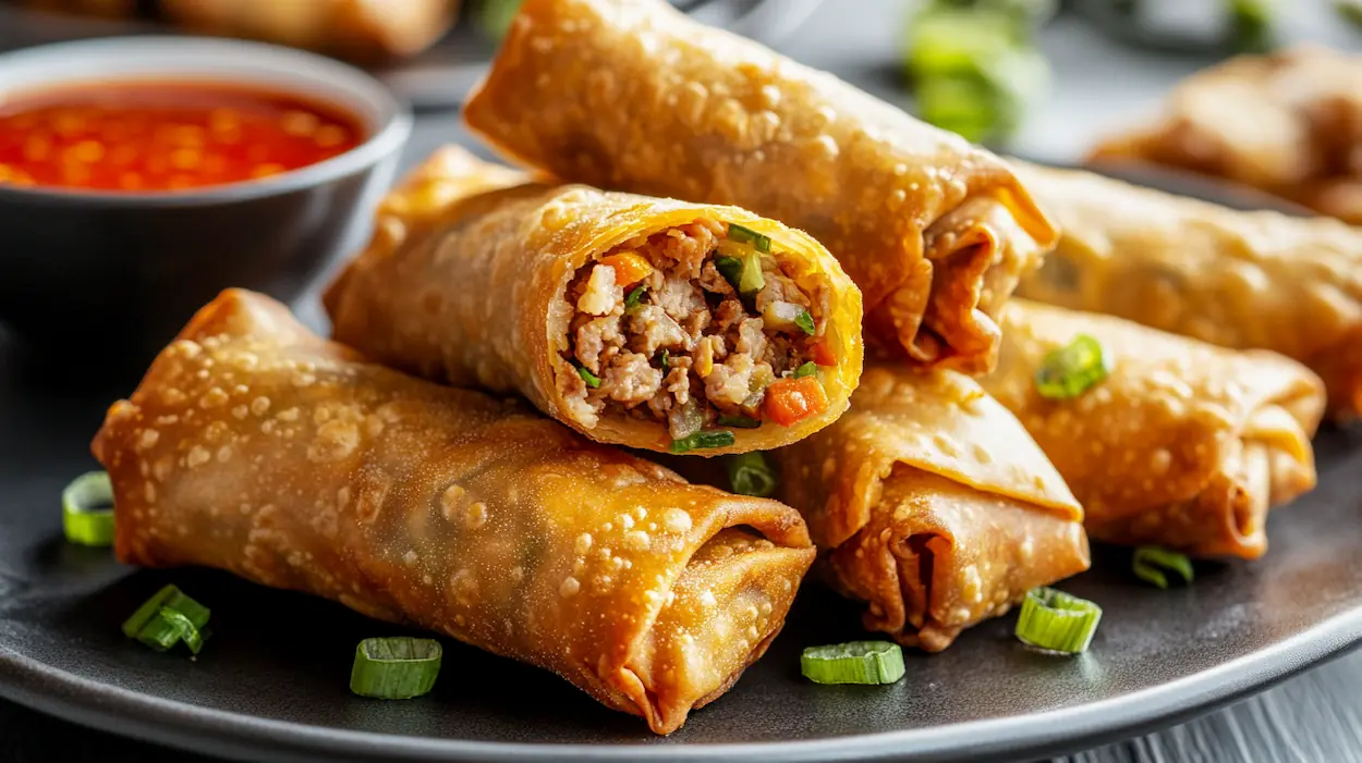 Golden brown crispy homemade egg rolls filled with seasoned pork and vegetables, stacked on a plate with crunchy texture.