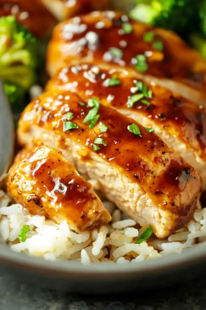 Easy Honey Garlic Chicken Breasts Recipe (Sweet & Savory Dinner) 2 Sticky honey garlic chicken breasts served over rice with glossy sauce and garlic glaze.