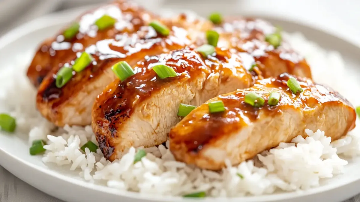 Easy Honey Garlic Chicken Breasts Recipe (Sweet & Savory Dinner) 1 Honey garlic chicken breasts glazed with sticky sweet garlic sauce served over white rice and garnished with green onions.