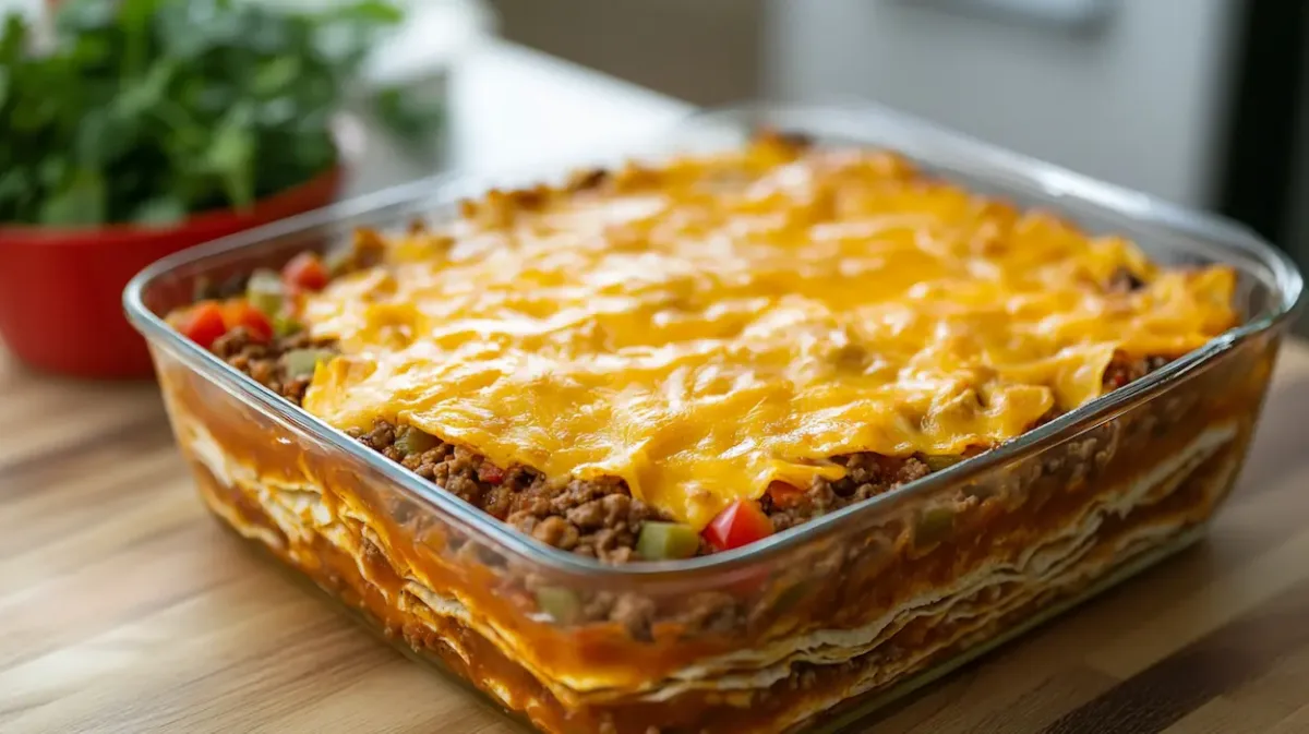 Easy layered taco bake casserole with tortillas, seasoned ground beef, salsa, and melted cheddar cheese baked until golden and bubbly in a glass dish.