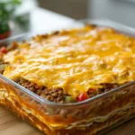 Easy layered taco bake casserole with tortillas, seasoned ground beef, salsa, and melted cheddar cheese baked until golden and bubbly in a glass dish.