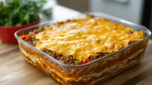 Easy layered taco bake casserole with tortillas, seasoned ground beef, salsa, and melted cheddar cheese baked until golden and bubbly in a glass dish.