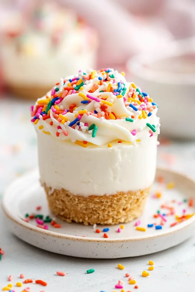 3 No Bake Mini Cheesecake Ideas That Go Viral on Pinterest (Easy & Colorful) 3 Mini cheesecake with colorful sprinkles in a dessert cup with creamy filling