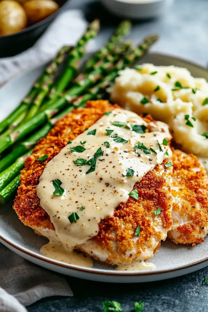 Parmesan Crusted Chicken with Creamy Garlic Sauce (Easy Family Dinner Recipe) 2 Golden parmesan crusted chicken with creamy garlic sauce served with mashed potatoes and asparagus on a white dinner plate.