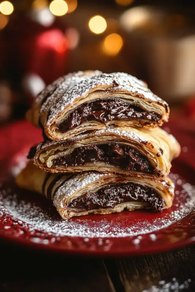 Easy Rugelach Recipe – Classic Chocolate Rugelach Cookies 2 Golden flaky chocolate rugelach cookies arranged on a cooling rack showing spiral pastry layers and chocolate filling.