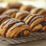 Homemade chocolate rugelach cookies stacked on a red plate, flaky pastry spirals filled with melted chocolate and dusted with powdered sugar.