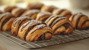 Homemade chocolate rugelach cookies stacked on a red plate, flaky pastry spirals filled with melted chocolate and dusted with powdered sugar.