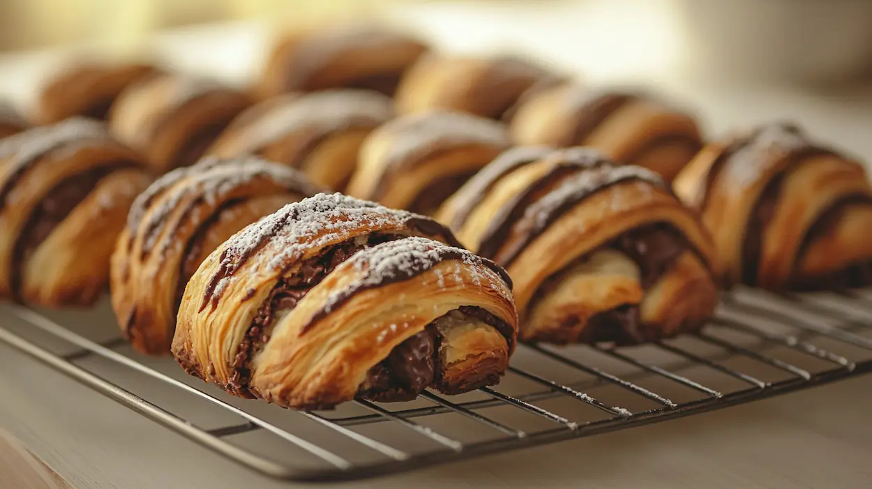 Easy Rugelach Recipe – Classic Chocolate Rugelach Cookies 4 Homemade chocolate rugelach cookies stacked on a red plate, flaky pastry spirals filled with melted chocolate and dusted with powdered sugar.