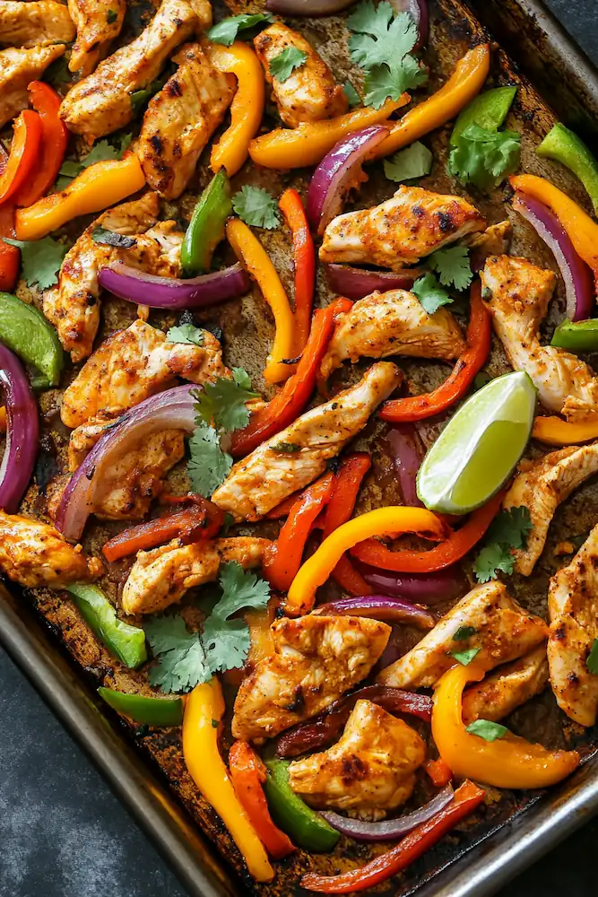 Oven baked sheet pan chicken fajitas with peppers and onions served hot