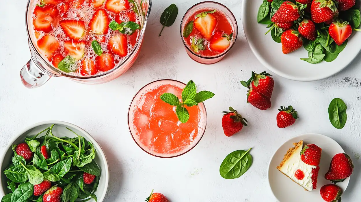 spring strawberry recipes including lemonade cheesecake bars mocktail and strawberry spinach salad