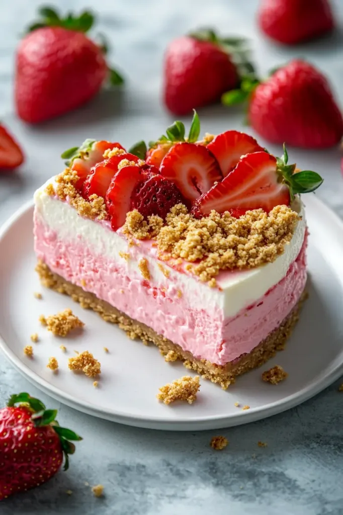 Slice of strawberry crunch cheesecake with pink layers and golden cookie topping on a white plate.