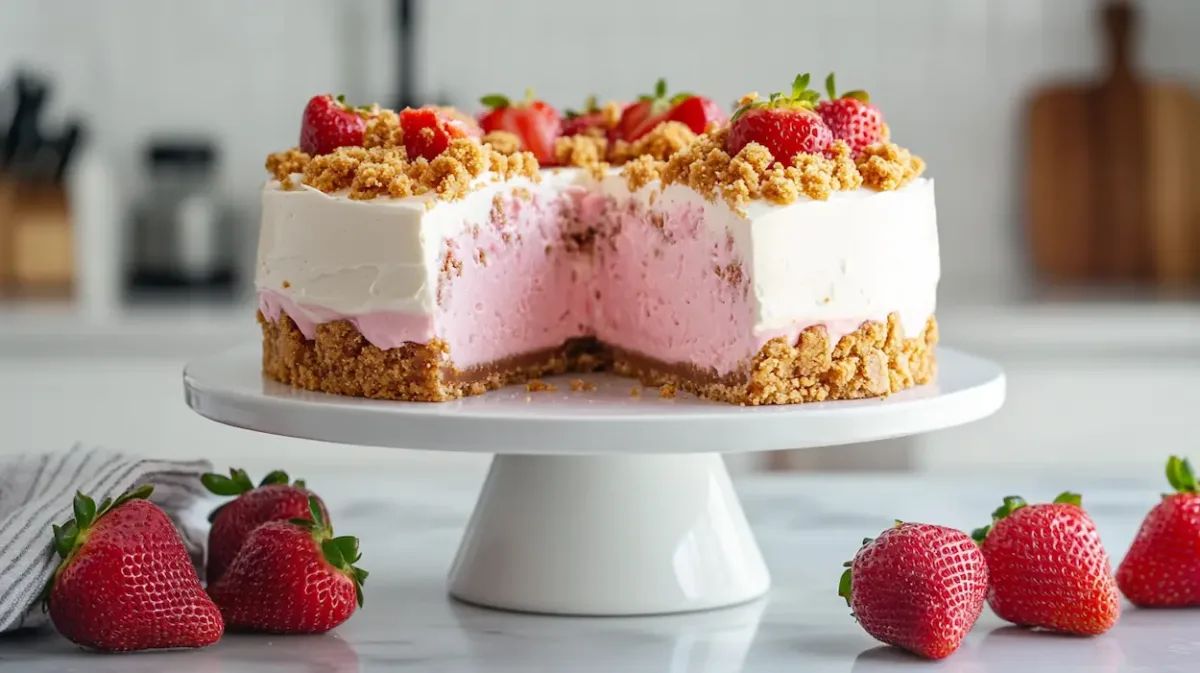 Strawberry crunch cheesecake on a white cake stand with pink strawberry layers and golden cookie crumble topping in bright natural light.