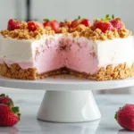 Strawberry crunch cheesecake on a white cake stand with pink strawberry layers and golden cookie crumble topping in bright natural light.