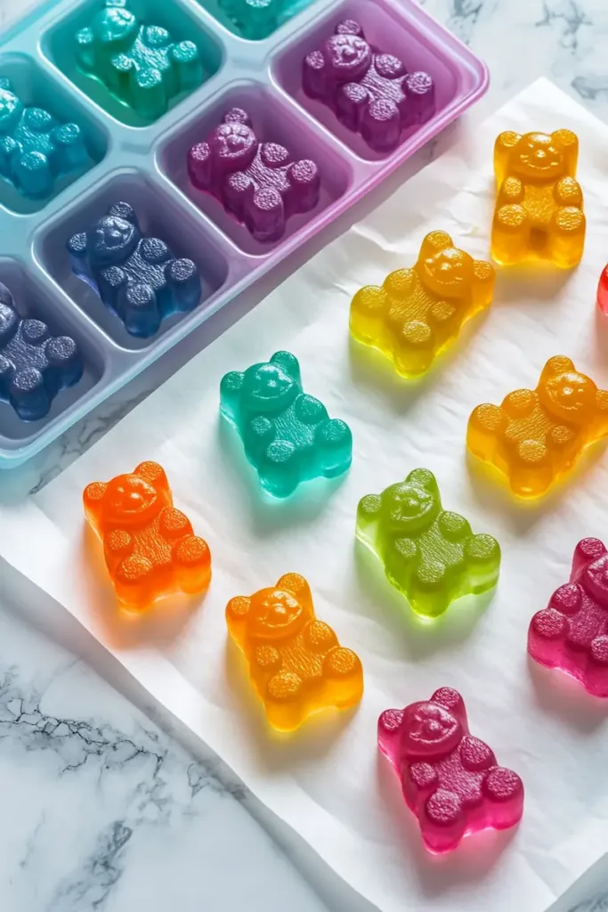 Homemade translucent gummy bears made with gelatin arranged beside silicone molds on a clean kitchen surface.