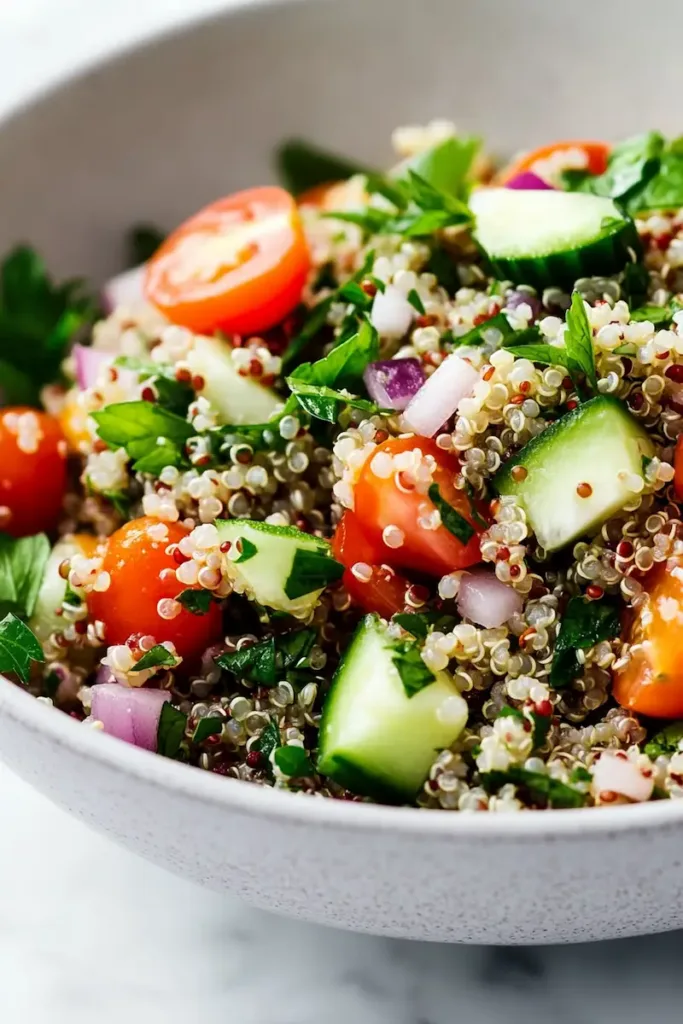 A bowl of quinoa tabbouleh salad with parsley, mint, cucumber, and cherry tomatoes mixed with lemon dressing.