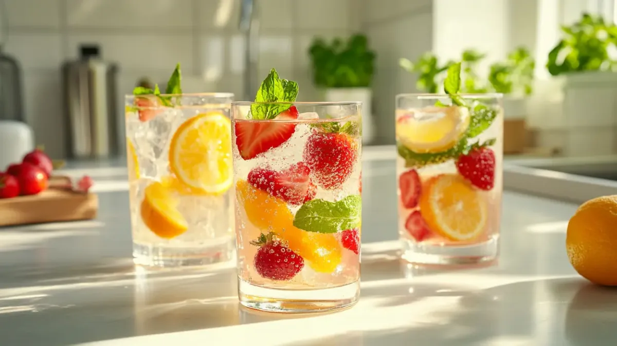 Healthy Mocktails: Easy Alcohol-Free Drinks Everyone Loves 1 Healthy mocktails made with fresh strawberries, pomegranate juice, lime, mint, and sparkling water served in clear glasses with ice on a bright kitchen counter.