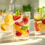 Healthy Mocktails: Easy Alcohol-Free Drinks Everyone Loves Healthy mocktails made with fresh strawberries, pomegranate juice, lime, mint, and sparkling water served in clear glasses with ice on a bright kitchen counter.