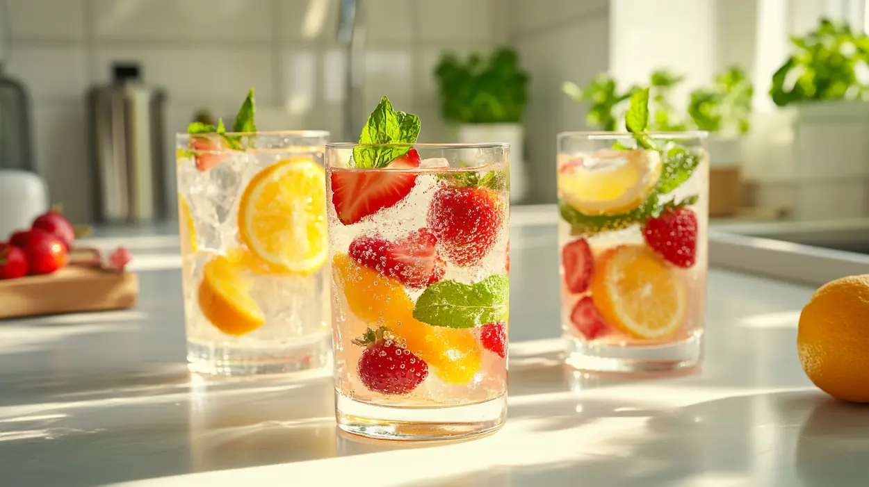 Healthy Mocktails: Easy Alcohol-Free Drinks Everyone Loves 4 Healthy mocktails made with fresh strawberries, pomegranate juice, lime, mint, and sparkling water served in clear glasses with ice on a bright kitchen counter.